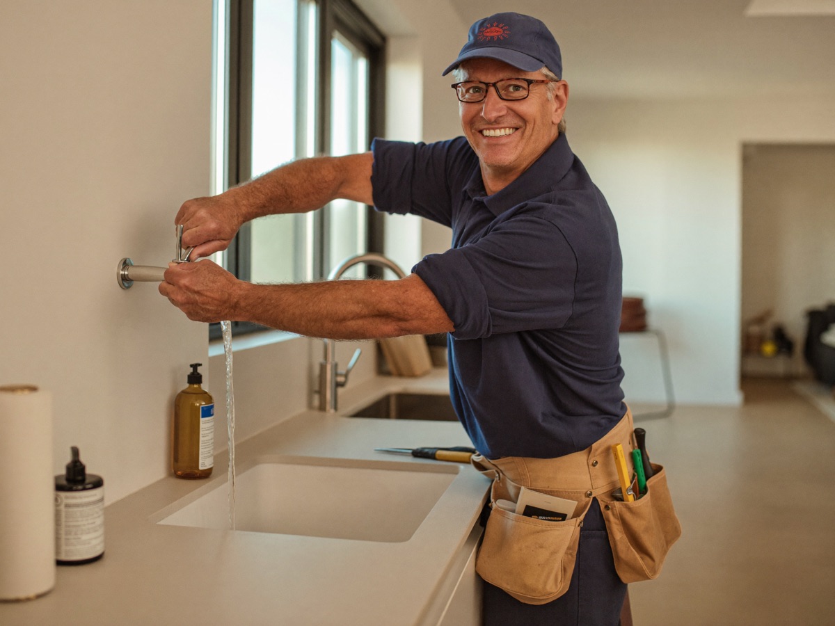 A tradesman repairing a kitchen tap in a bright home